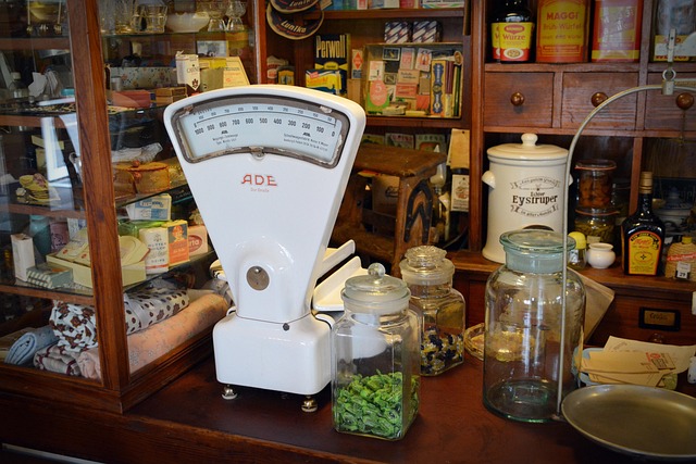 local shop shelf with grain products and bags